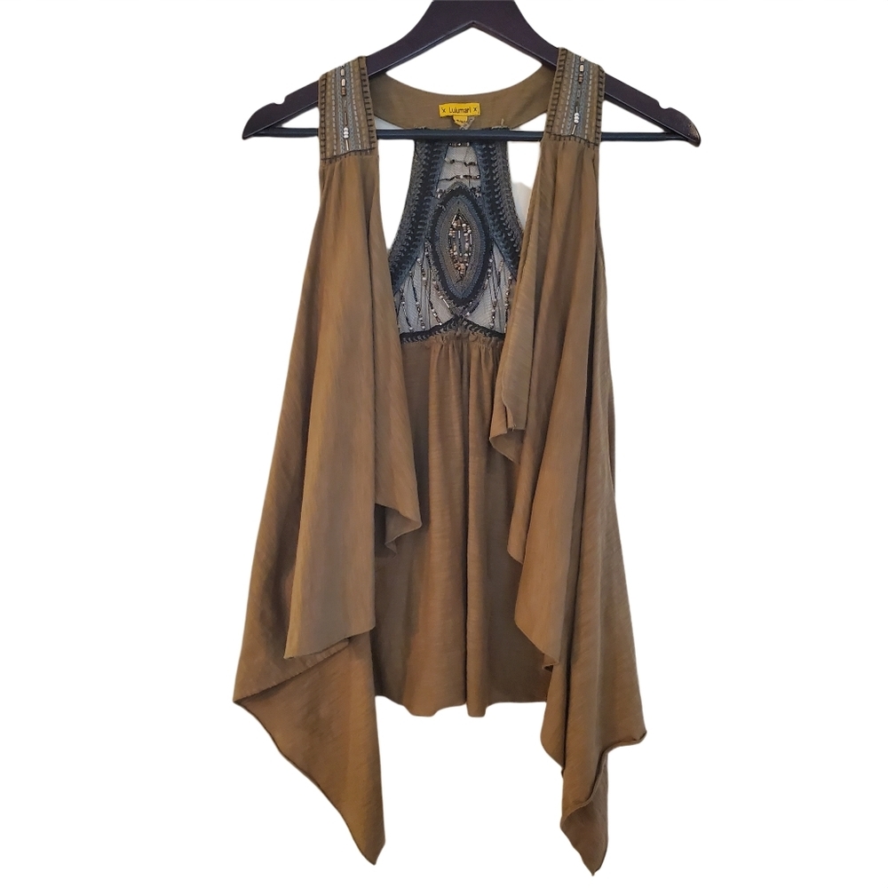 Lulumari Embroidered Waterfall Open Vest Draped Sleeveless Coverup Small…